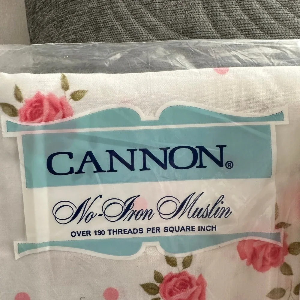 NEW Vintage Cannon No-Iron Muslin Full Flat & Fitted Sheet Set Rose Floral White